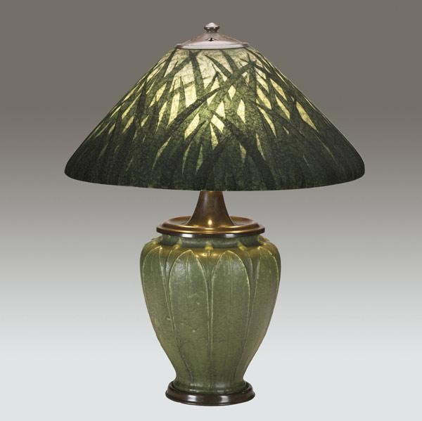 Appraisal: GRUEBY HANDEL Table lamp with a Grueby base decorated with