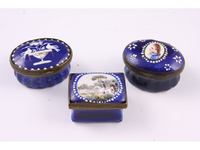 Appraisal: Three English Enamel Boxes th th c one Wednesbury oval