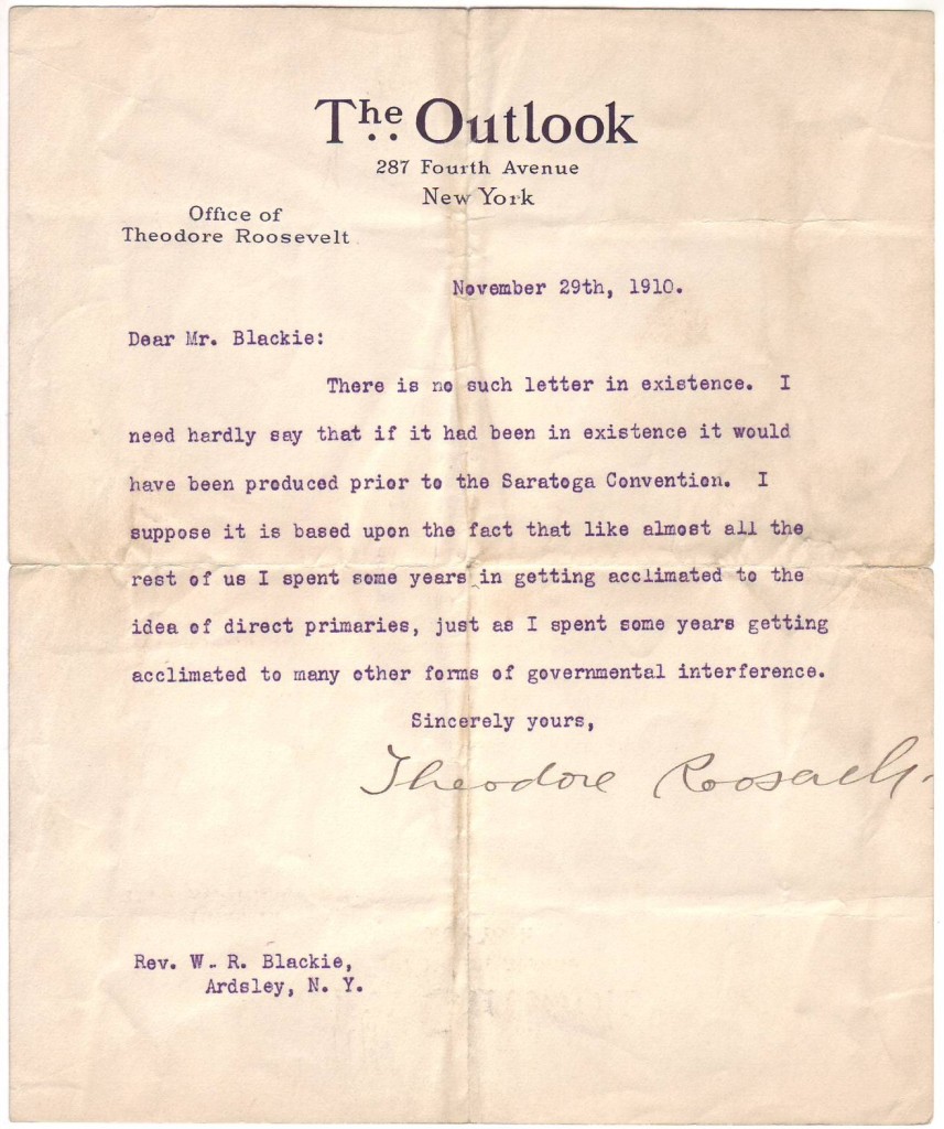 Appraisal: ROOSEVELT THEODORE Typed Letter Signed to Rev William R Blackie