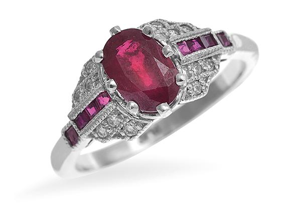 Appraisal: AN ART DECO STYLE RUBY AND DIAMOND RING Centrally set