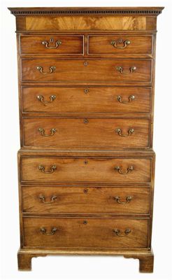 Appraisal: A mahogany chest on chest the dentil cornice above two