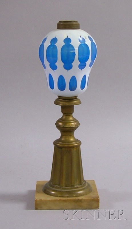 Appraisal: Cased White-Cut-to-Turquoise Glass Oil Lamp with Brass and Marble Base