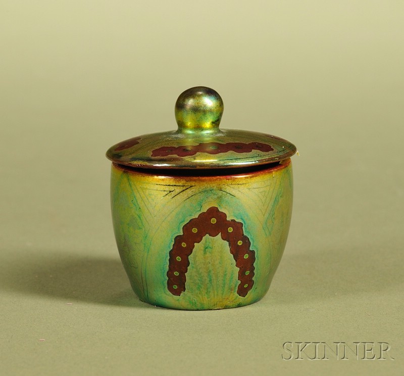 Appraisal: Miniature Zsolnay Covered Jar Hungary th century iridescent green ground