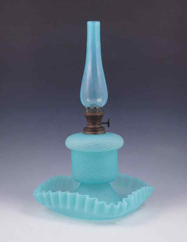 Appraisal: RARE CENTERPIECE VASE OIL LAMP Victorian blue striped satin glass