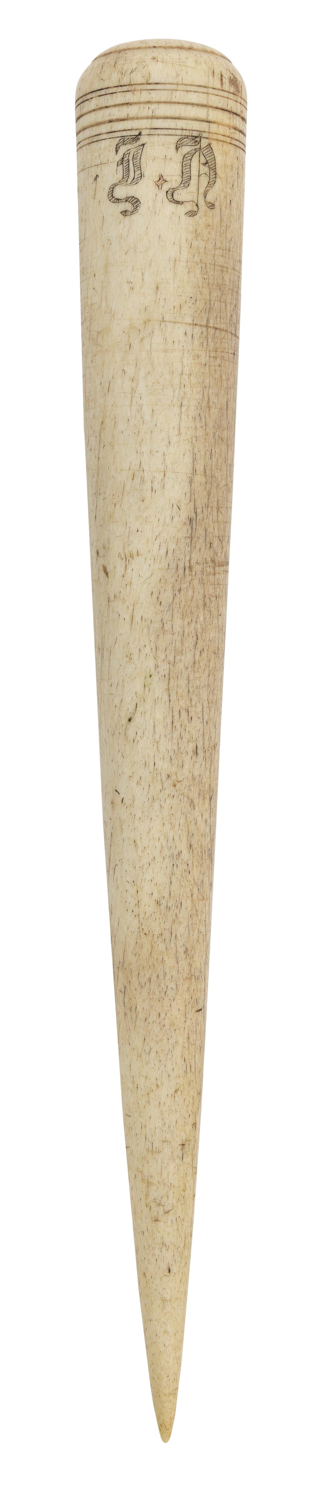 Appraisal: LARGE WHALEBONE FID WITH SCRIMSHAW MONOGRAM TH CENTURY LENGTH LARGE