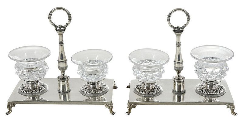 Appraisal: Pair French Silver and Cut Glass Condiment Stands nd quarter