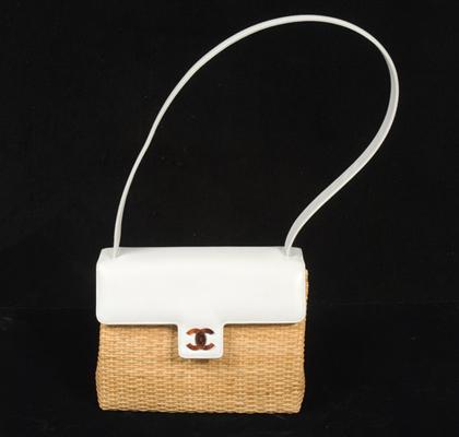 Appraisal: Chanel raffia and white leather summer purse contemporary Rectangular basketweave