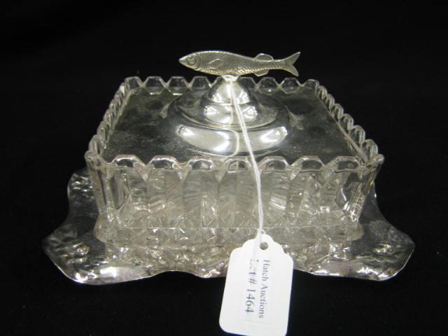 Appraisal: Silverplate Crystal Sardine Box figural fish handle x