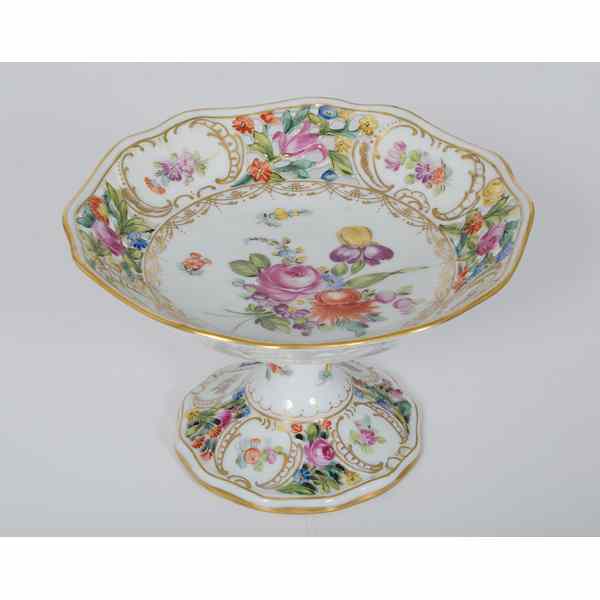 Appraisal: Dresden Reticulated Compote Germany A hand-painted pedestal compote with reticulated