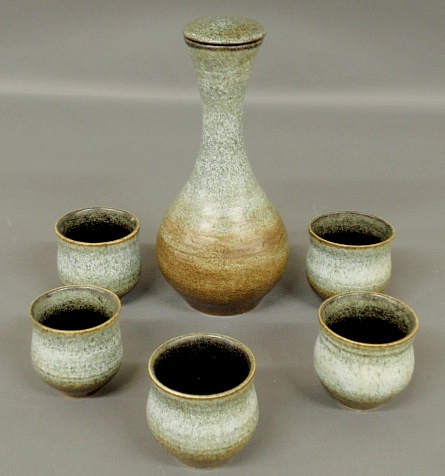 Appraisal: - Art pottery sake set signed J Hansen bottle h