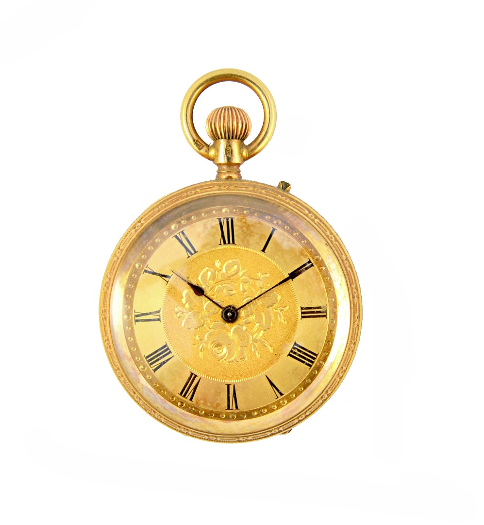 Appraisal: A lady's gold cased keyless wind openfaced fob watch with