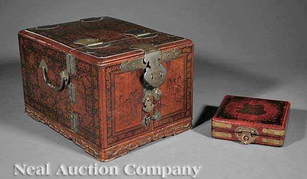 Appraisal: A Chinese Paint-Decorated Lacquer Dressing Box th c rectangular form