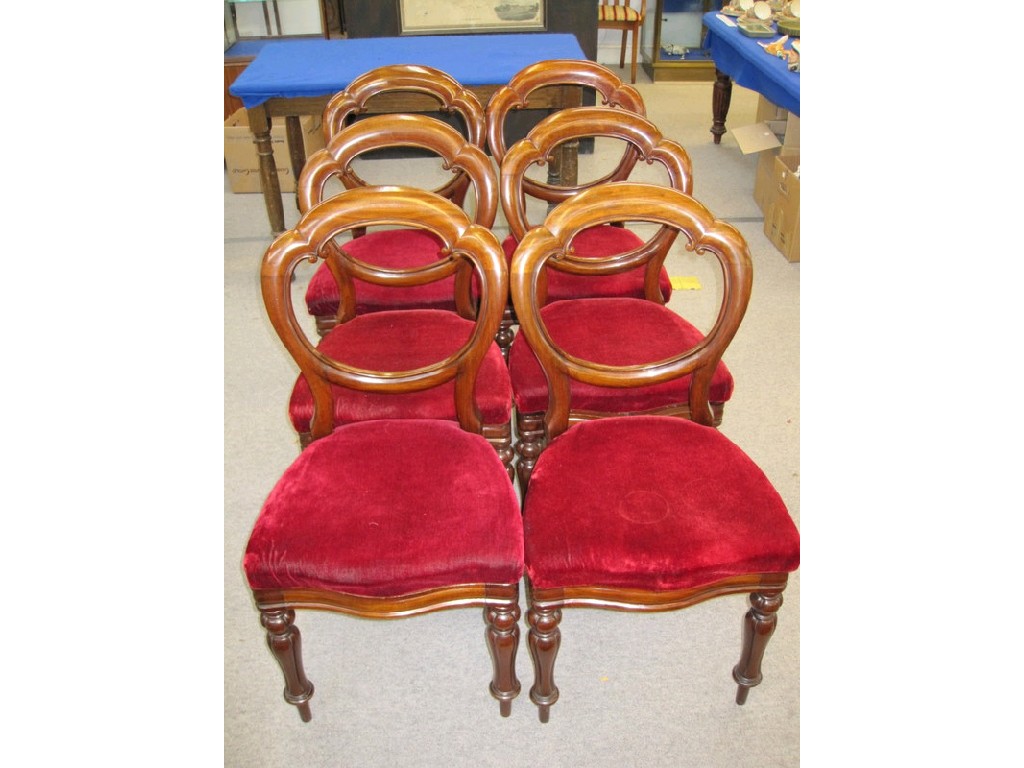 Appraisal: Set of six mahogany balloon back dining chairs with red