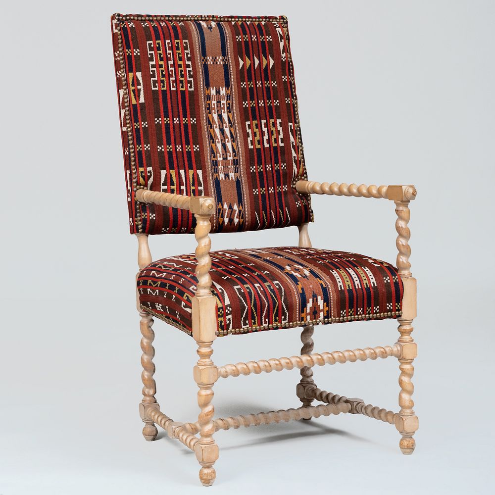 Appraisal: Painted Barley Twist Armchair with Kilim Upholstery x x in