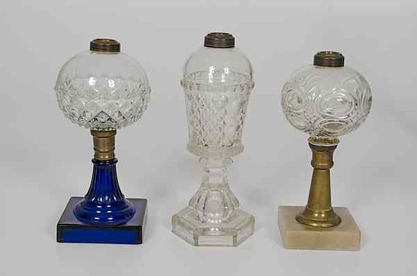 Appraisal: Boston and Sandwich Press Glass Whale Oil Lamps American Three