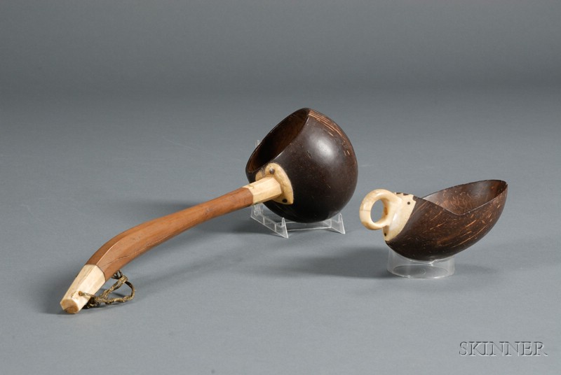 Appraisal: Scrimshaw Coconut Shell Ladle and Scoop th century the ladle