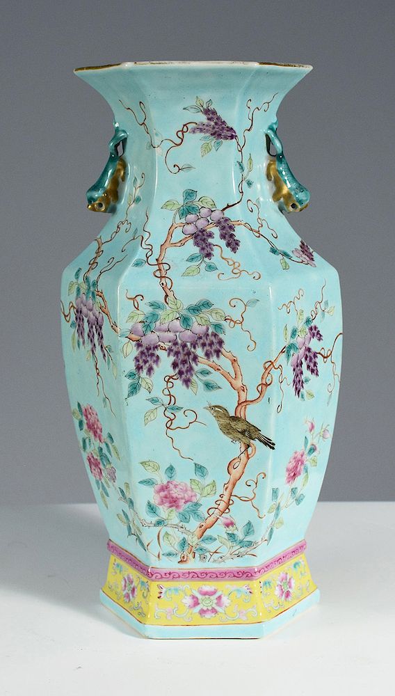 Appraisal: th C Chinese turquoise ground enamel decorated Wisteria pattern vase