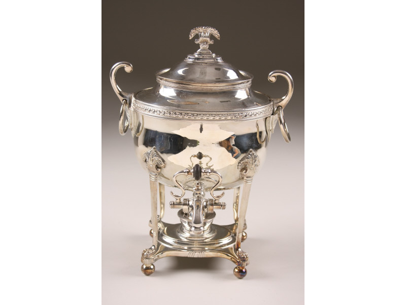 Appraisal: Silverplated Hot Water Urn ca unmarked classical form with looped