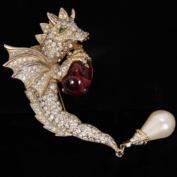 Appraisal: Donald Stannard Pave Rhinestone Figural Dragon Brooch Pin with red