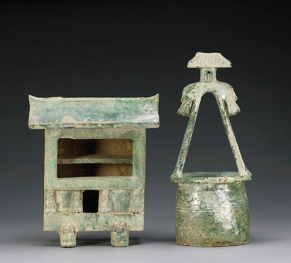 Appraisal: Two green-glazed pottery architectural models Han Dynasty One of a