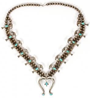 Appraisal: NAVAJO STERLING TURQUOISE SQUASH BLOSSOM NECKLACE NAVAJO STERLING TURQUOISE SQUASH