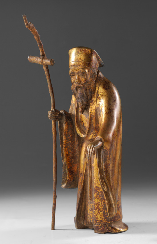 Appraisal: JAPANESE JUROJIN GILT BRONZE STATUE Gilt bronze figure of Jurojin