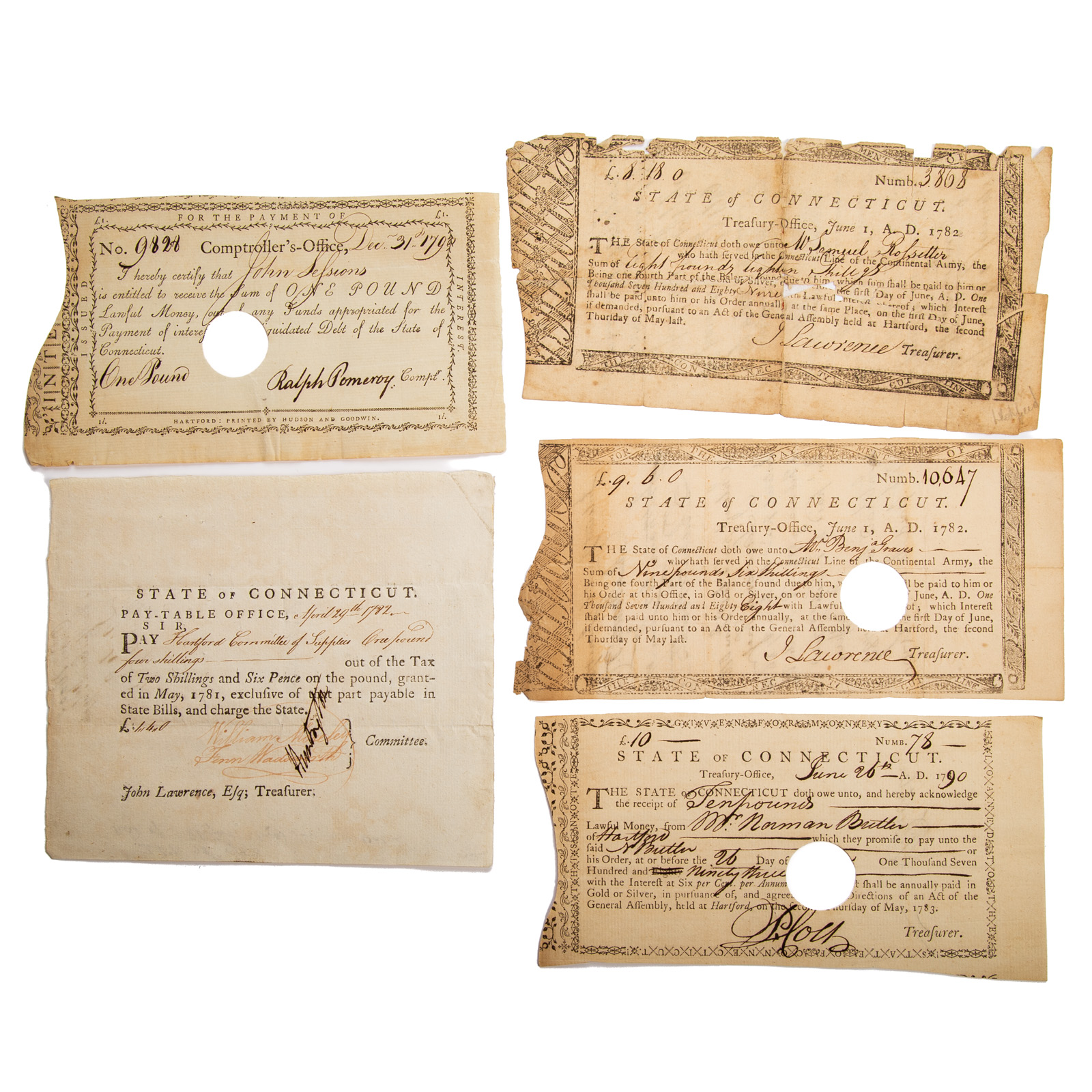 Appraisal: COLLECTION OF COLONIAL CONNECTICUT BILLS Connecticut Financial Paper collection Pound