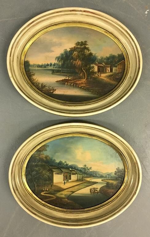 Appraisal: Pair of Oil on Canvas China Trade Paintings Pair of