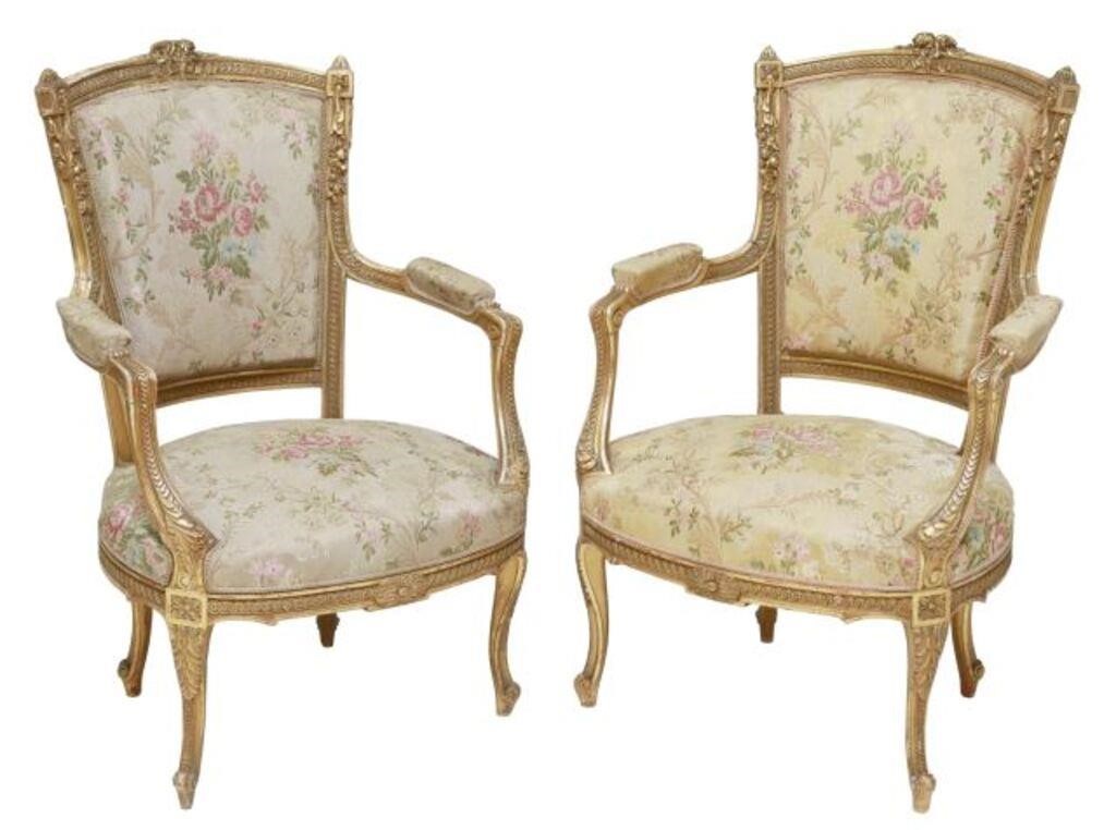 Appraisal: pair French Louis XV style giltwood armchairs th c floral