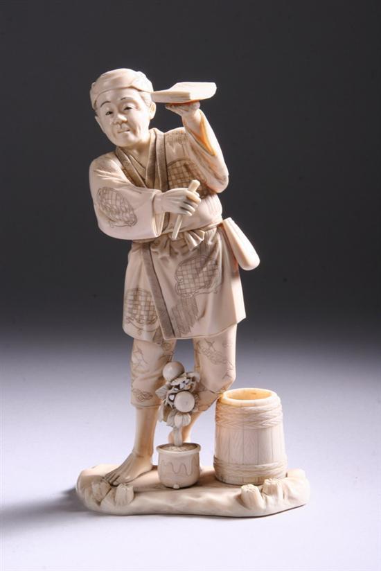 Appraisal: JAPANESE IVORY OKIMONO OF SCRIBE th century Carved holding book