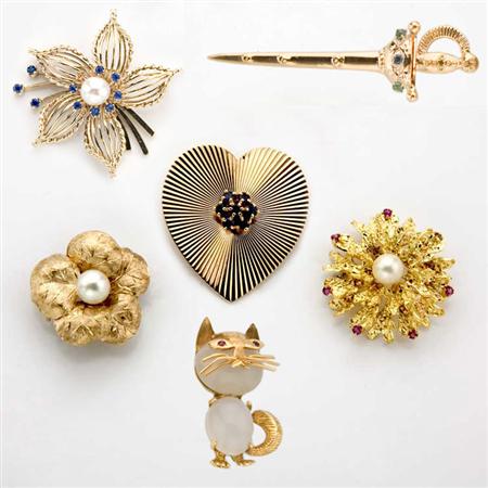 Appraisal: Six Gold Cultured Pearl and Colored Stone Brooches Estimate -