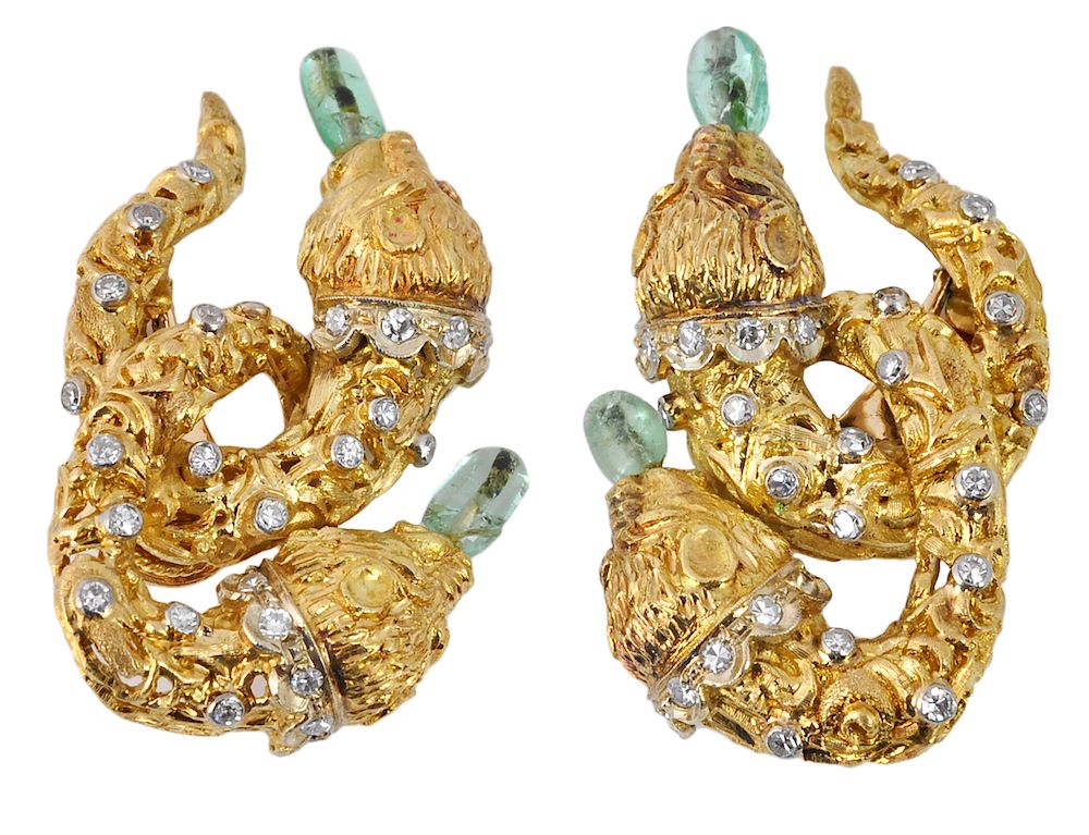 Appraisal: Lalaounis Kt Diamond Emerald Earrings Lalaounis Kt yellow gold double