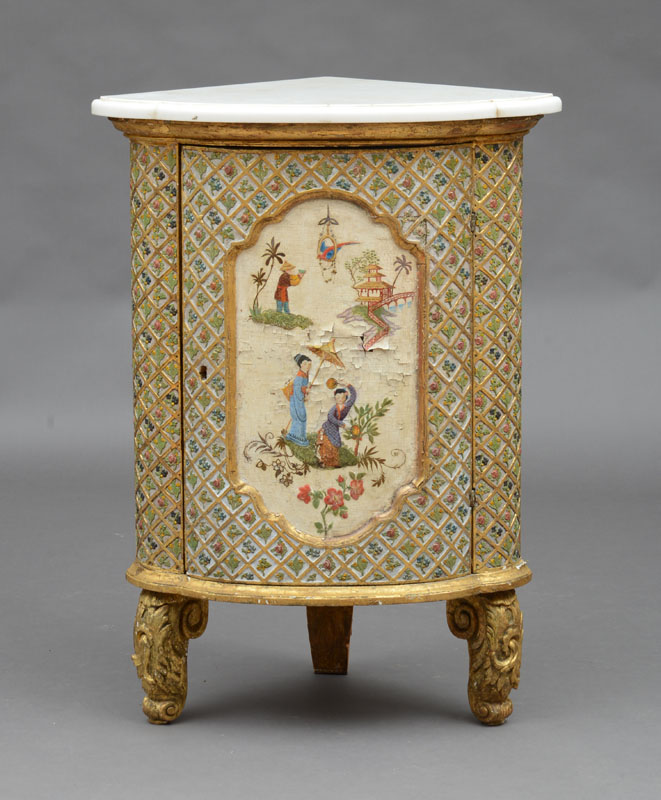 Appraisal: ITALIAN LATE ROCOCO PAINTED AND PARCEL-GILT CORNER CABINET With a