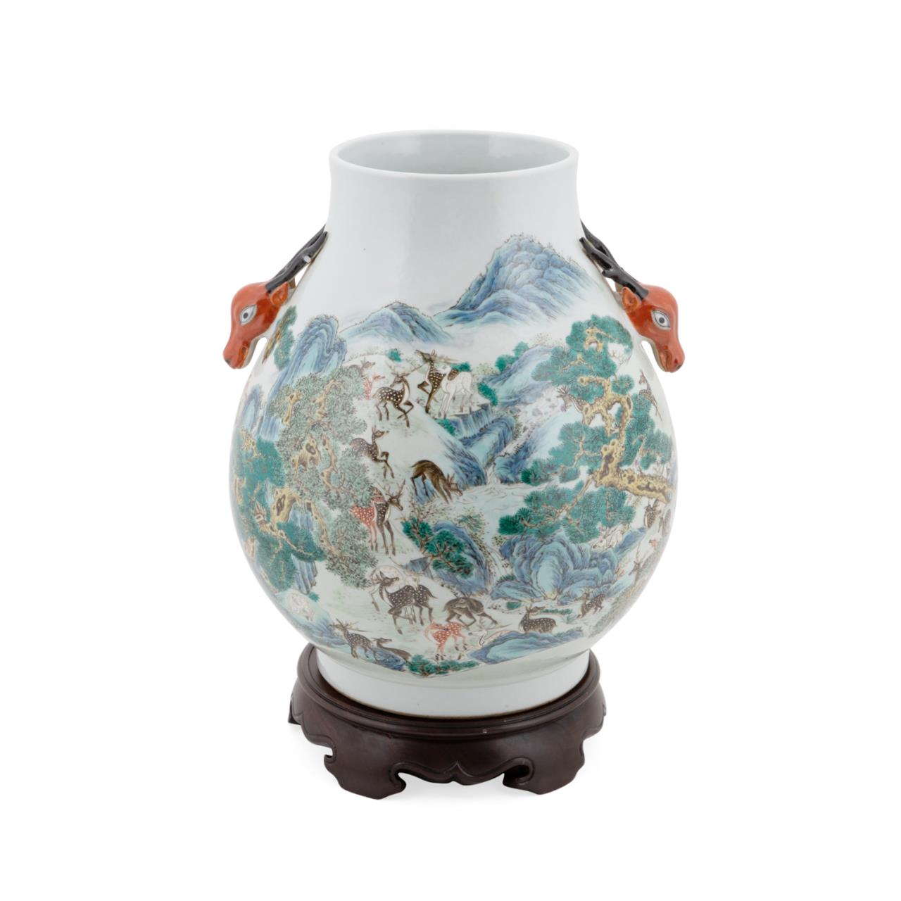 Appraisal: CHINESE DEER HU VASE WITH ZITAN STAND Chinese deer Hu