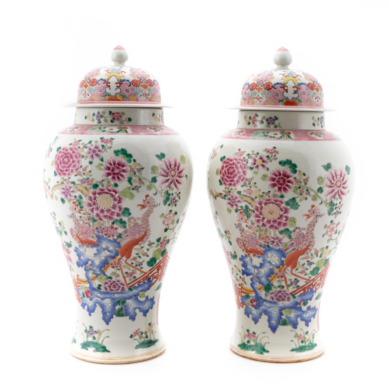 Appraisal: PAIR CHINESE FAMILLE ROSE LIDDED PORCELAIN URNS Chinese pair of