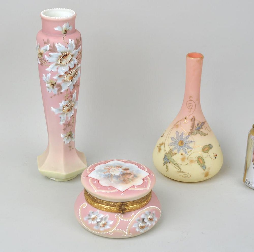 Appraisal: Three Mt Washington Burmese Glass Accessories comprising two vases and