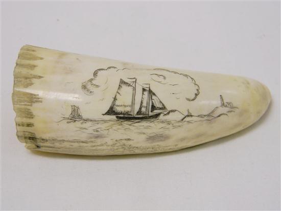 Appraisal: Scrimshaw decorated tooth sailing ship and light house in distance