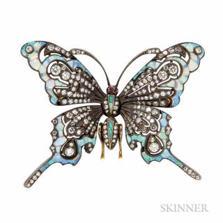 Appraisal: Opal and Diamond Butterfly Brooch with buff-top opals full- and