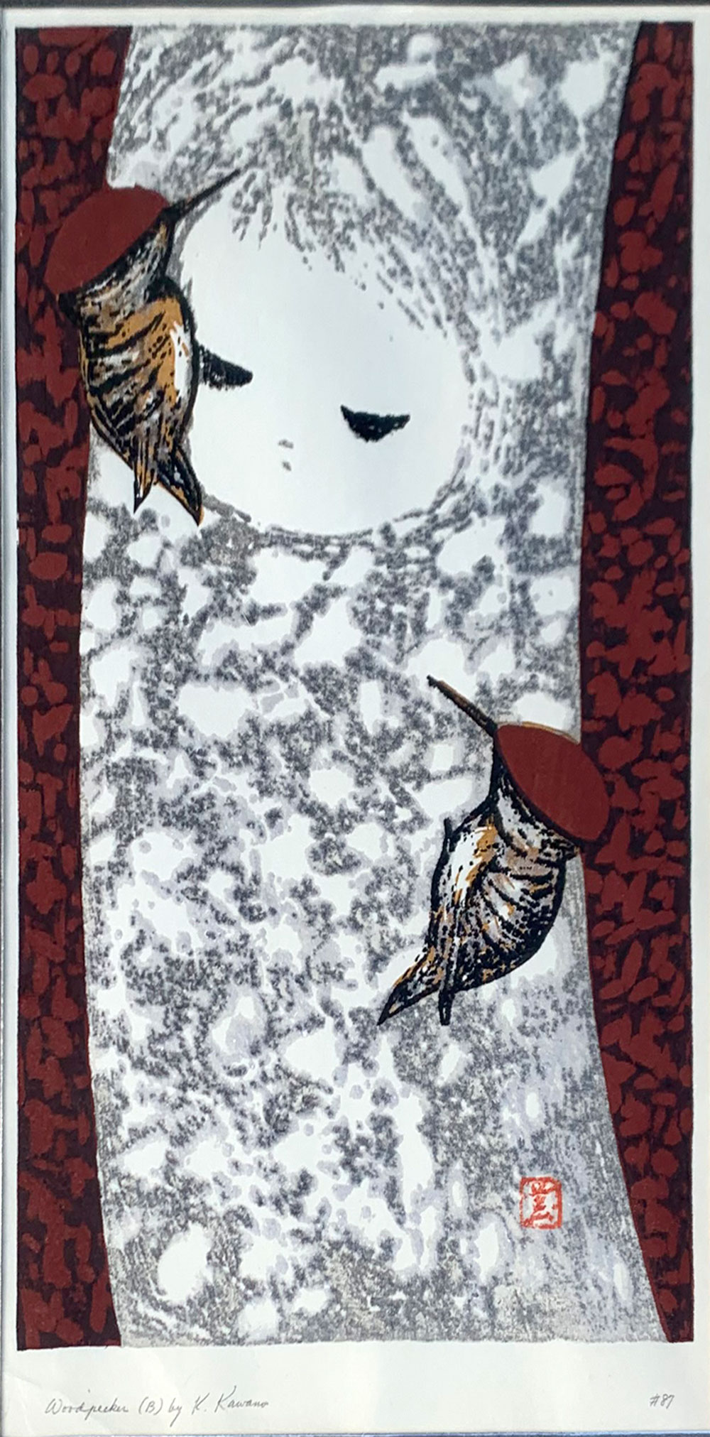 Appraisal: KAWANO Kaoru Japanese - ''Woodpecker'' Woodblock Print sight size ''