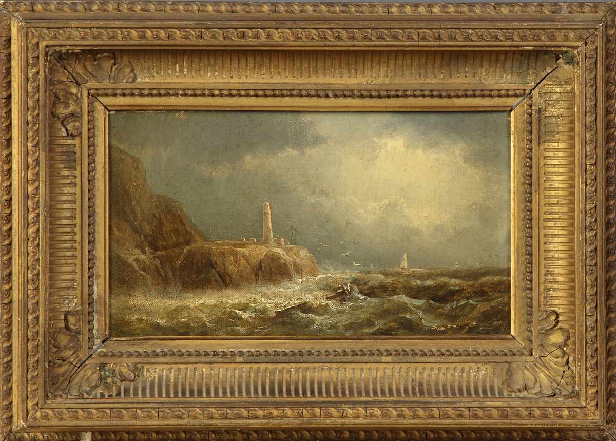 Appraisal: Sgn ptg of Lighthouse on rocky coast w sailing ships