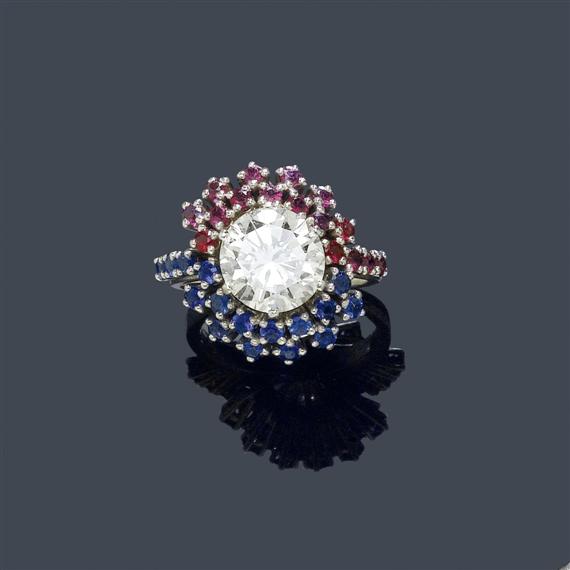 Appraisal: A RUBY SAPPHIRE AND DIAMOND RING circa White gold Distinctive