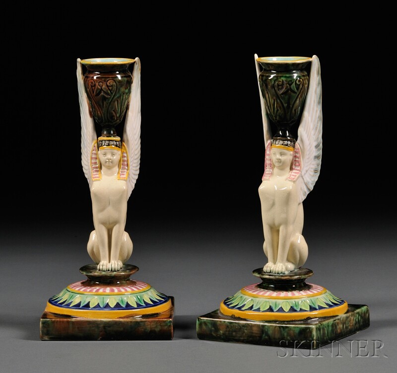 Appraisal: Pair of George Jones Majolica Sphinx Candlesticks England late th