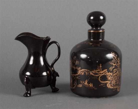 Appraisal: Victorian black glazed gilt chinoiserie decorated ceramic scent bottle and