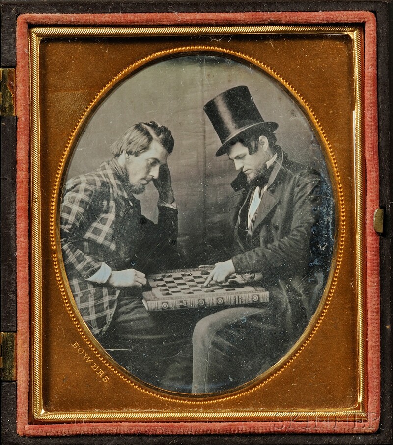 Appraisal: Sixth Plate Daguerreotype of Two Men Playing Checkers the brass