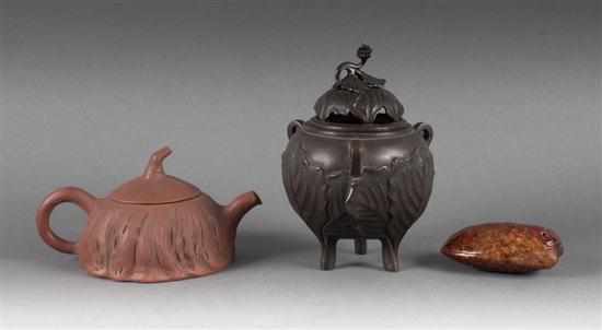 Appraisal: Chinese redware gourd-form teapot Chinese patinated bronze censer and a