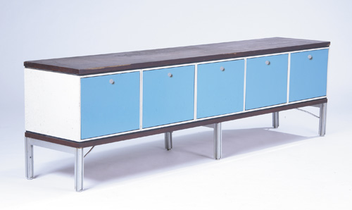 Appraisal: CHARLES RAY EAMES Credenza with walnut veneer top and blue