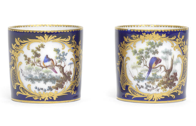 Appraisal: A pair of S vres blue-ground pots fard circa Painted