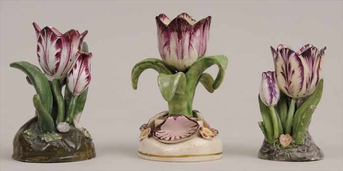 Appraisal: STAFFORDSHIRE TULIP-FORM INKWELL AND TWO TULIP-FORM DECORATIONS The well with