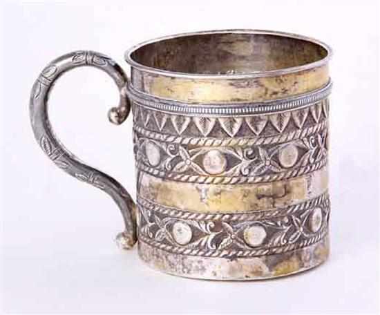 Appraisal: Turkish silver cup cylinder body chased with bands of fruit