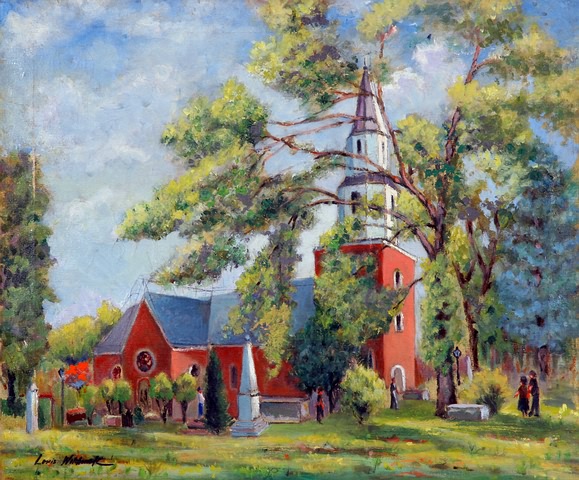 Appraisal: Church scene with figures gathering oil on canvas x SLL